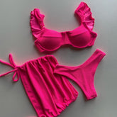 Solid Wavy Fabric Bikini Set - Women's Push-Up Swimwear